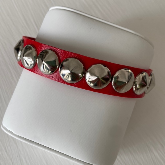 Edgy Red Studded Spike Leather Rocker Rebel Concert Festival Spike Bracelet - Picture 1 of 16